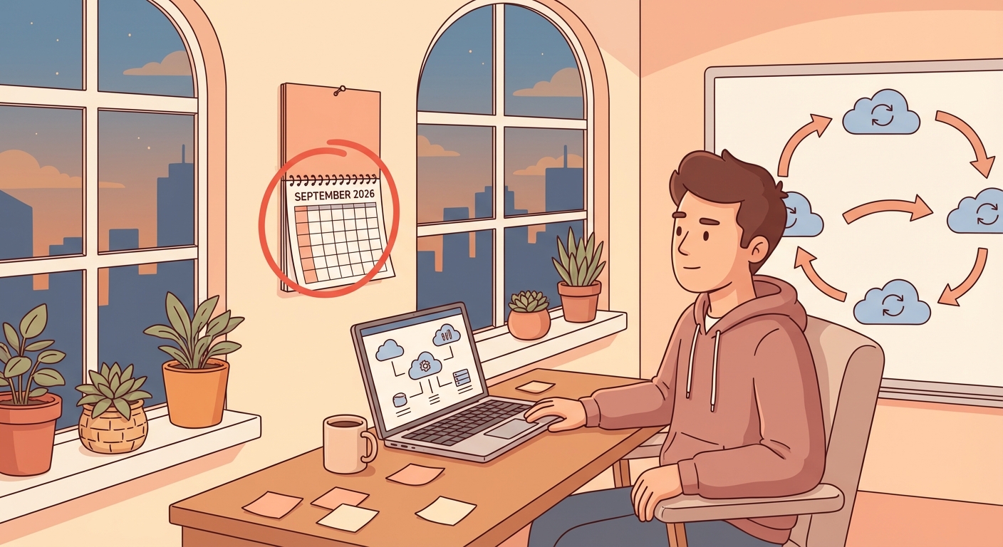 A developer at a desk looking at a calendar marked September 2026, with Azure cloud icons fading and new architecture diagrams on a whiteboard