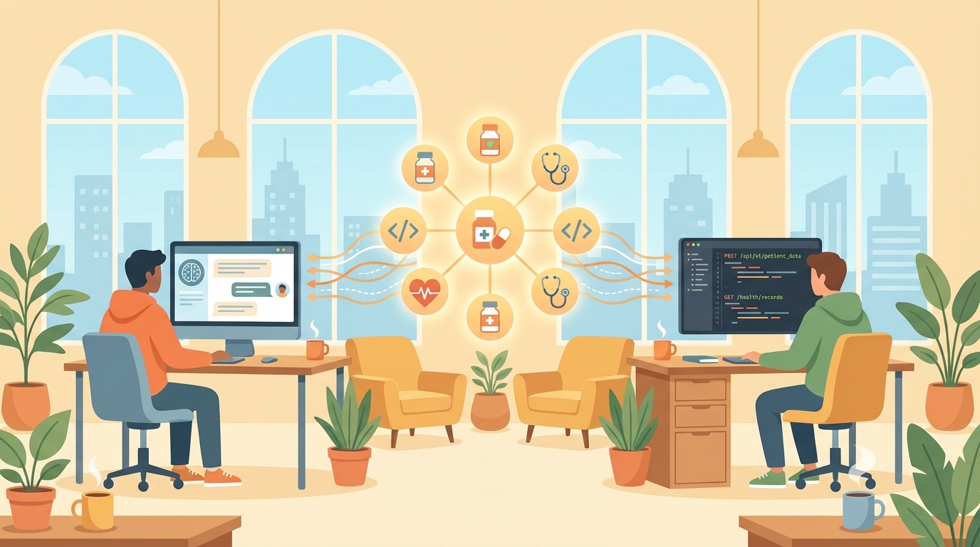 Two developers accessing healthcare data — one through an AI chat interface, one through code