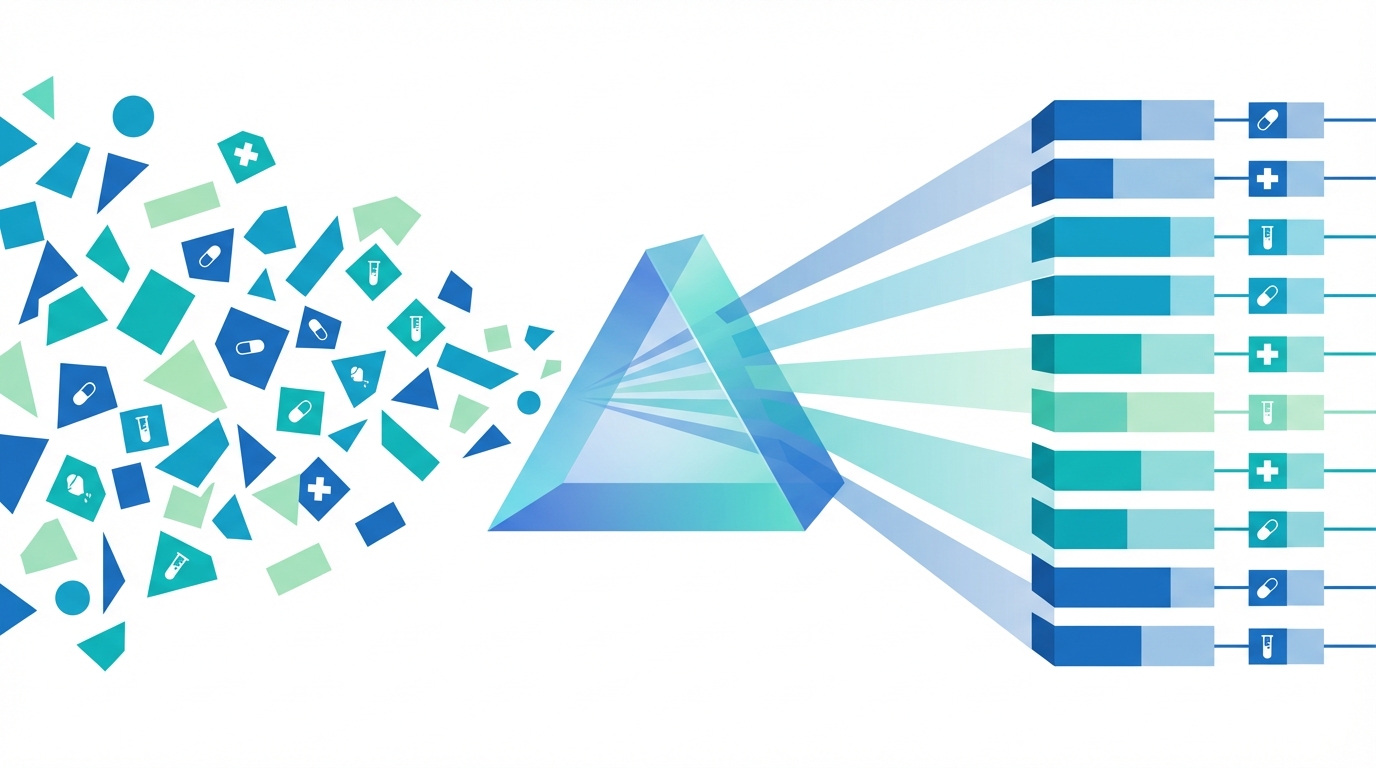 Healthcare data flowing through a normalization prism — messy codes in, clean structured data out