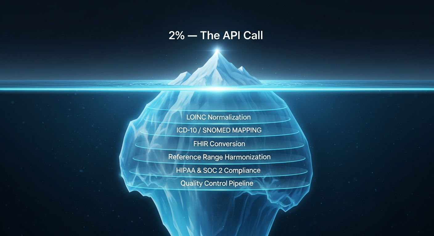 The 98% Problem — an iceberg showing the API call above water and the massive terminology infrastructure below